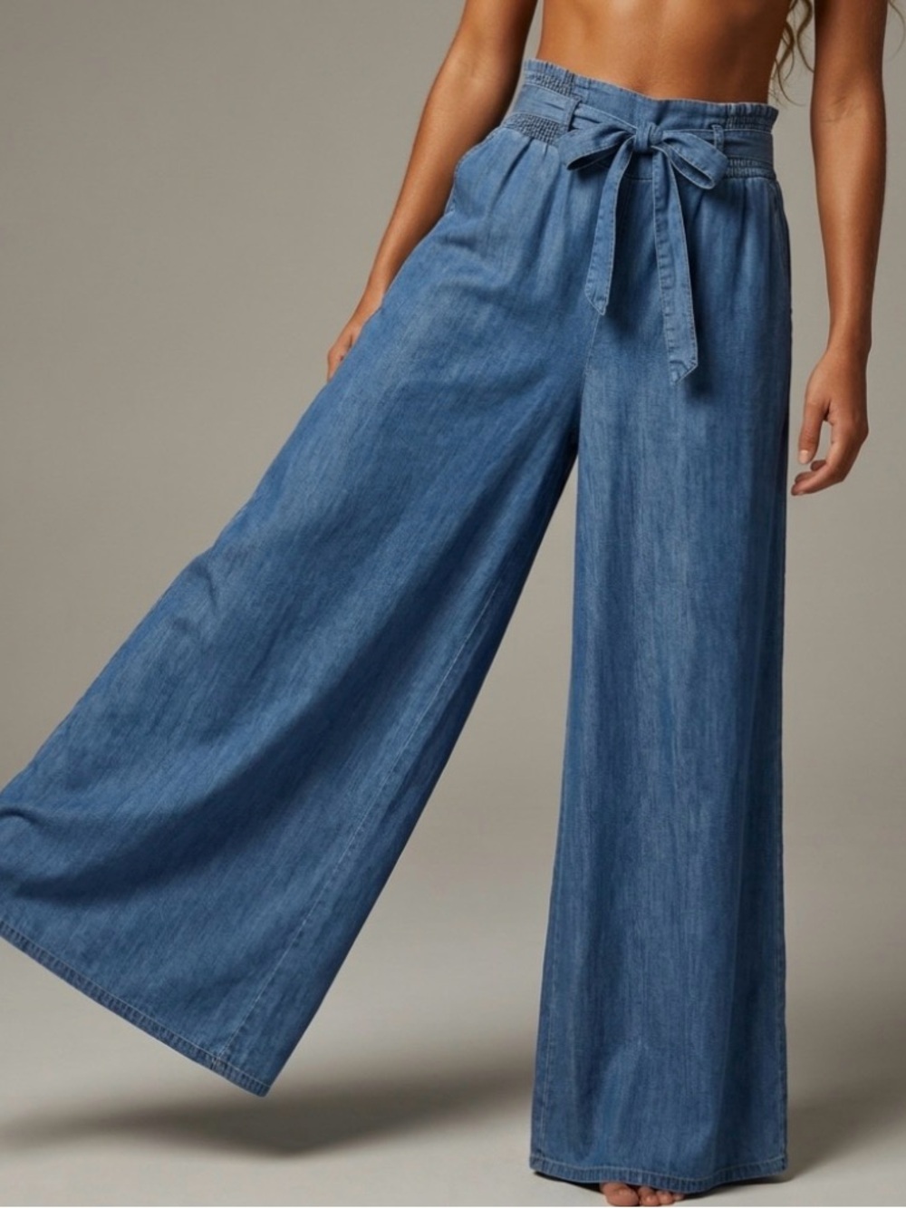 Altar’d State Vintage Paperbag-Waist Chambray Wide Leg Smocked Elastic Pants XS